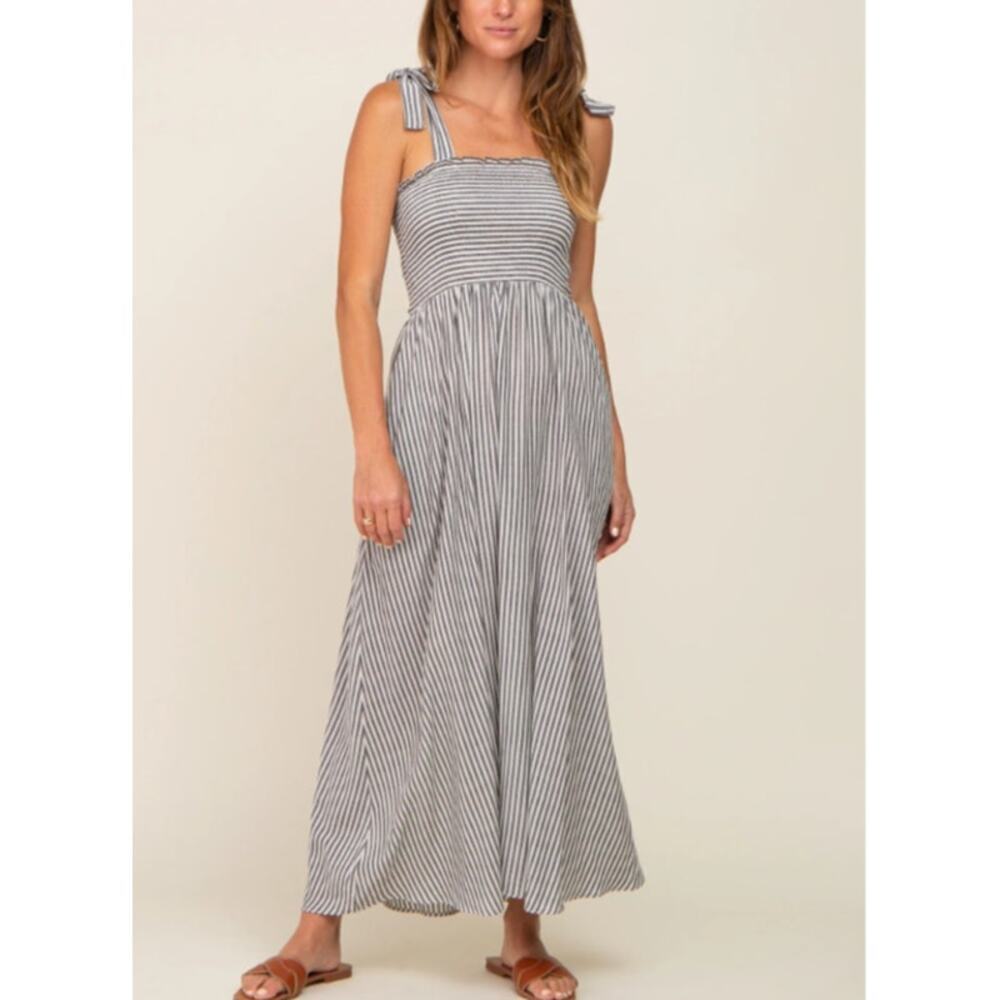 Miou Muse Striped Smocked Midi Dress Tie Strap Black White Size M